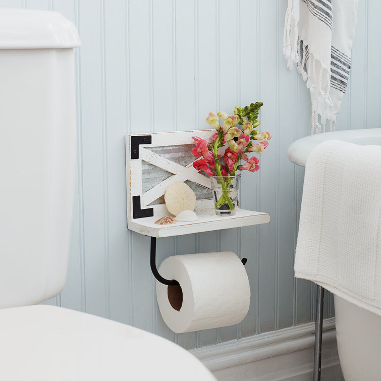 White and Galvanized Metal Farmhouse Toilet Paper Holder with Shelf