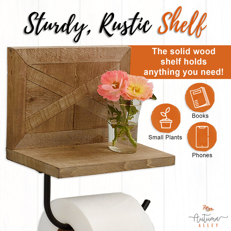 Rustic Brown Wood and Black Metal Toilet Paper Holder with Shelf