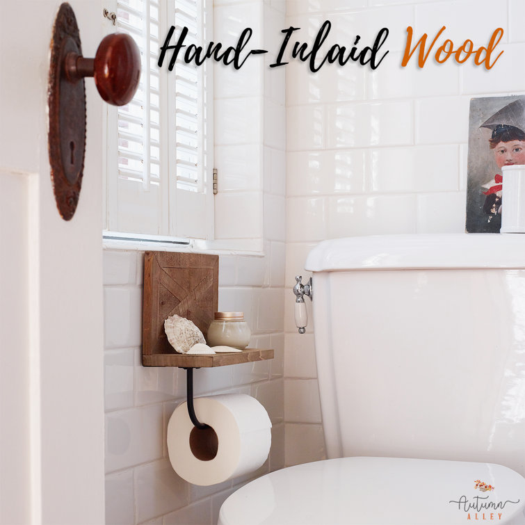 Rustic Brown Wood and Black Metal Toilet Paper Holder with Shelf