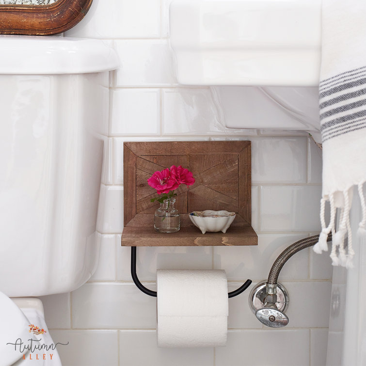 Rustic Brown Wood and Black Metal Toilet Paper Holder with Shelf