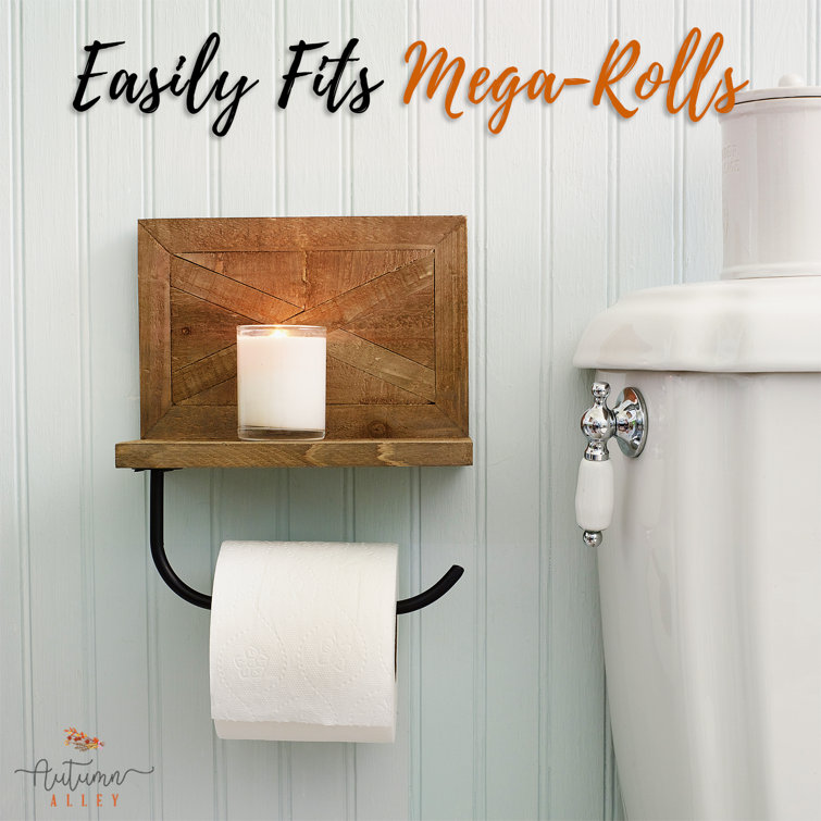 Rustic Brown Wood and Black Metal Toilet Paper Holder with Shelf
