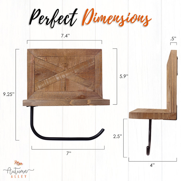 Rustic Brown Wood and Black Metal Toilet Paper Holder with Shelf