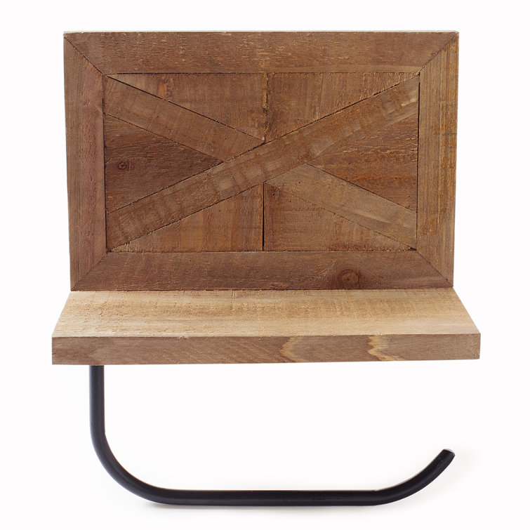 Rustic Brown Wood and Black Metal Toilet Paper Holder with Shelf
