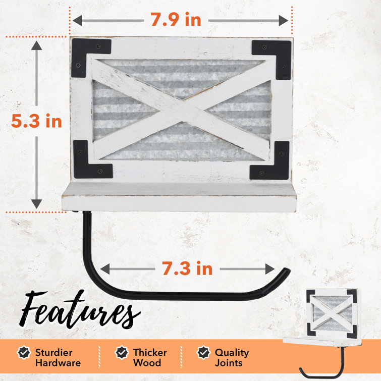 White and Galvanized Metal Farmhouse Toilet Paper Holder with Shelf