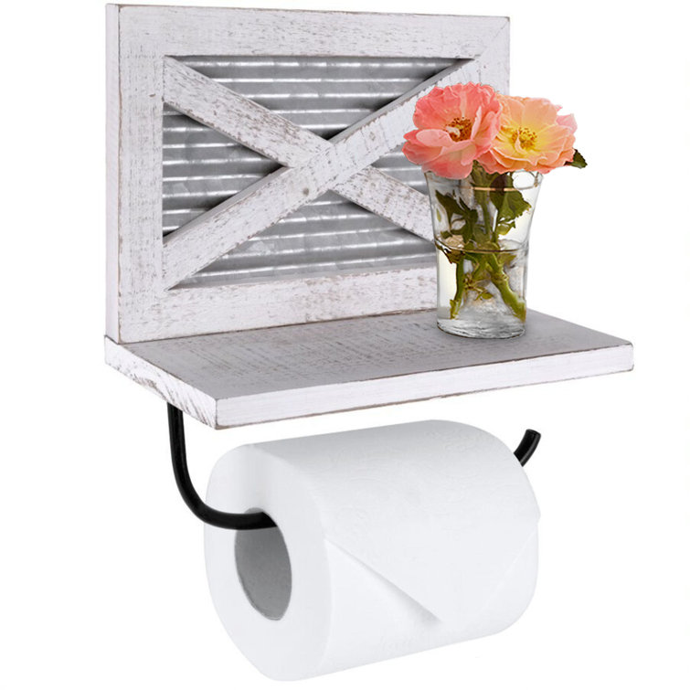 White Wood and Metal Farmhouse Toilet Paper Holder with Shelf