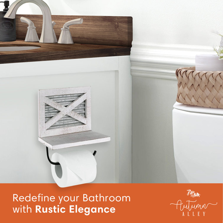 White Wood and Metal Farmhouse Toilet Paper Holder with Shelf