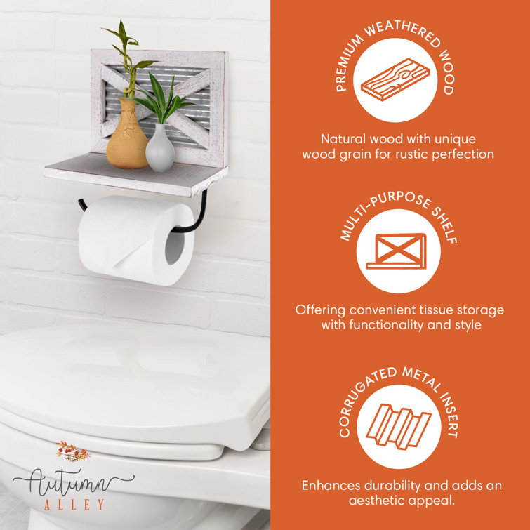 White Wood and Metal Farmhouse Toilet Paper Holder with Shelf