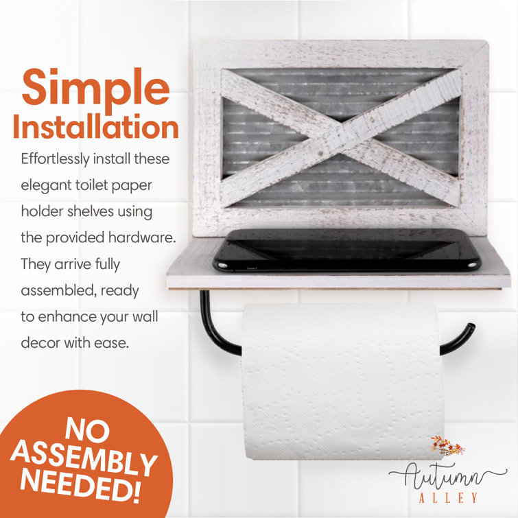 White Wood and Metal Farmhouse Toilet Paper Holder with Shelf