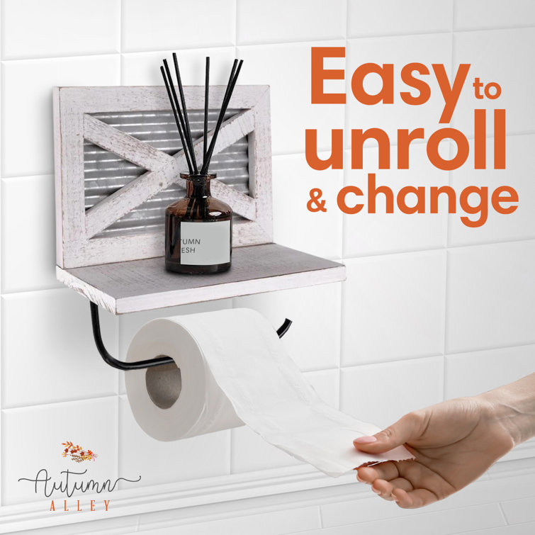 White Wood and Metal Farmhouse Toilet Paper Holder with Shelf