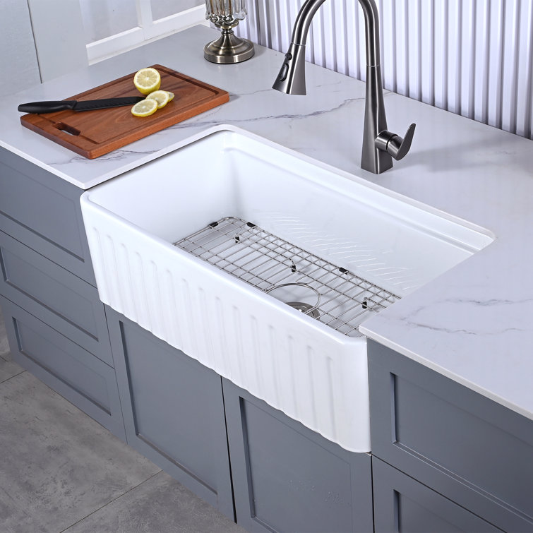 Glossy White Ceramic Farmhouse Apron-Front Kitchen Sink with Accessories