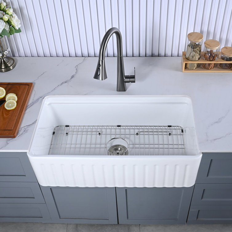 Glossy White Ceramic Farmhouse Apron-Front Kitchen Sink with Accessories