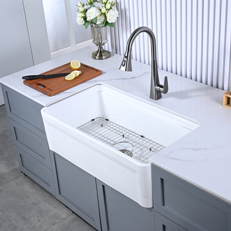 Glossy White Ceramic Farmhouse Apron-Front Kitchen Sink with Accessories