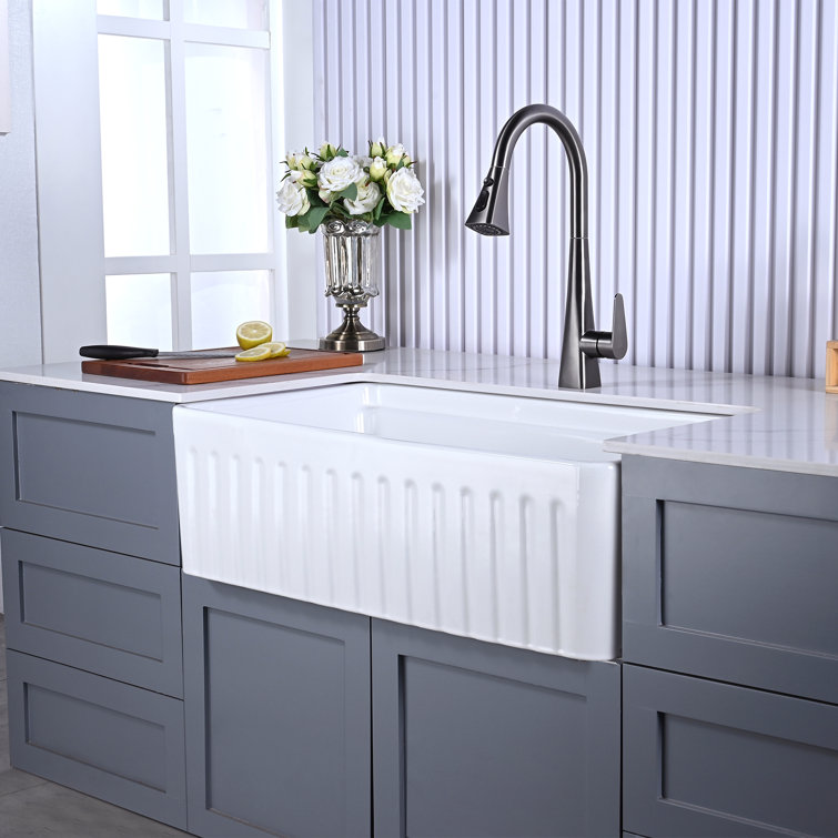 Glossy White Ceramic Farmhouse Apron-Front Kitchen Sink with Accessories