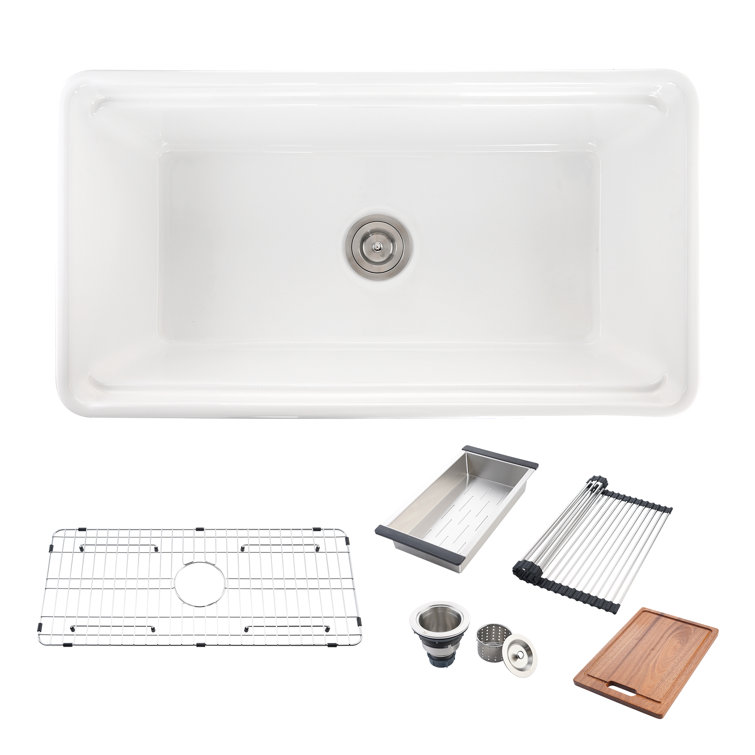 Glossy White Ceramic Farmhouse Apron-Front Kitchen Sink with Accessories