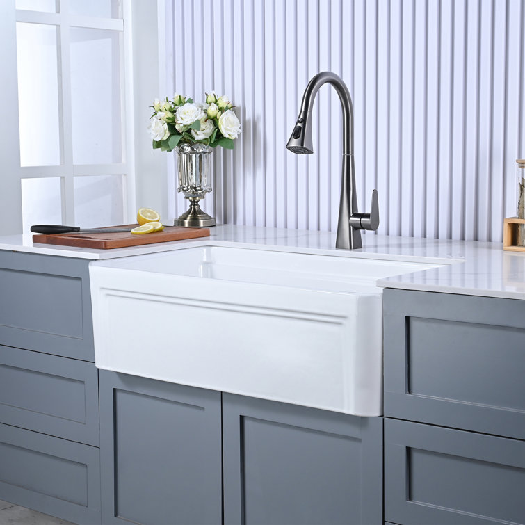 Glossy White Ceramic Farmhouse Apron-Front Kitchen Sink with Accessories