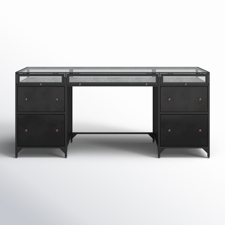 Sleek Black Executive Desk with Shadow Box Display and Filing Cabinet
