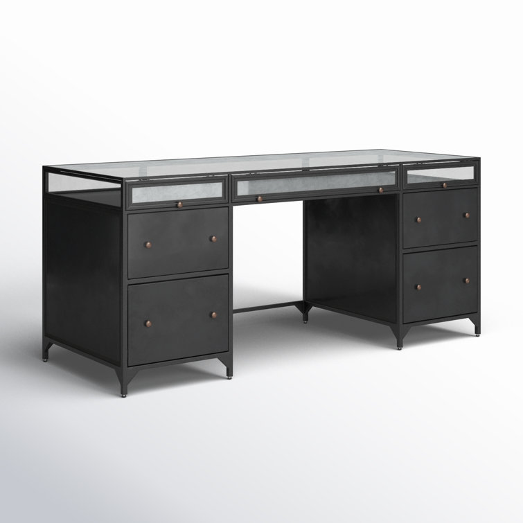 Sleek Black Executive Desk with Shadow Box Display and Filing Cabinet