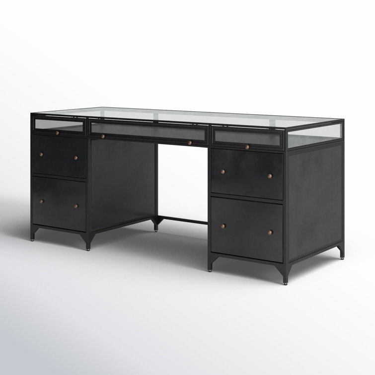 Sleek Black Executive Desk with Shadow Box Display and Filing Cabinet