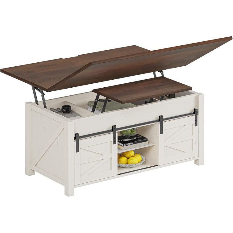 Brown and White Rectangular Lift-Top Coffee Table with Storage