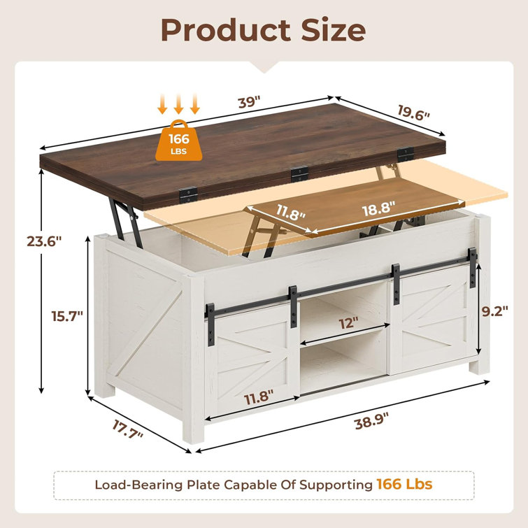 Brown and White Rectangular Lift-Top Coffee Table with Storage