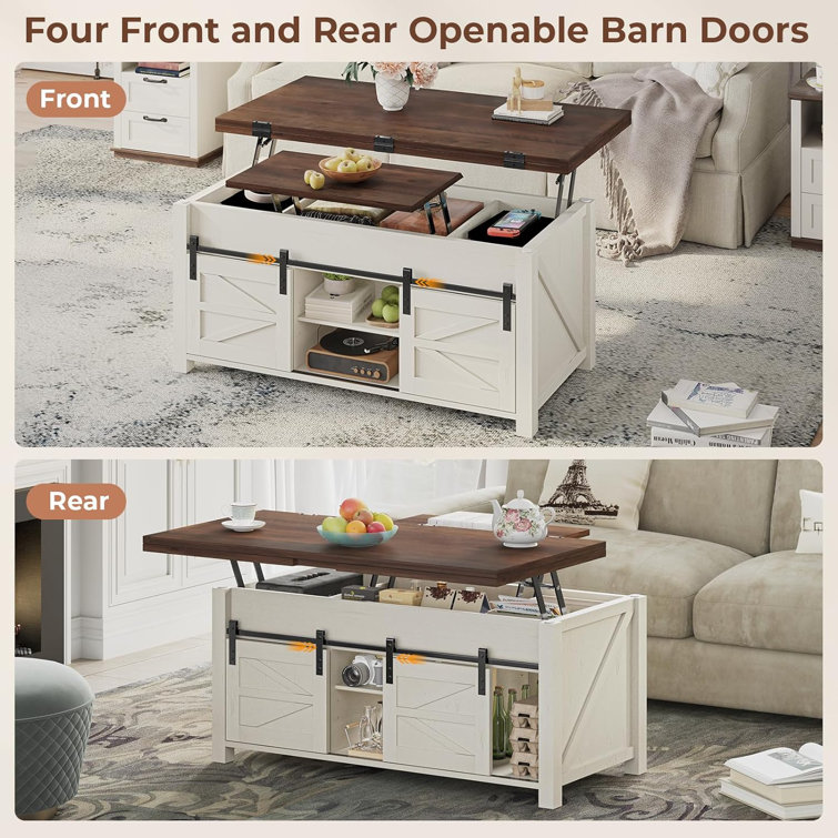 Brown and White Rectangular Lift-Top Coffee Table with Storage