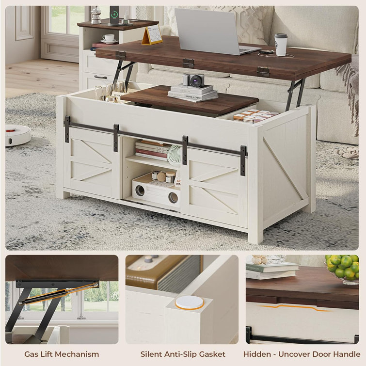 Brown and White Rectangular Lift-Top Coffee Table with Storage