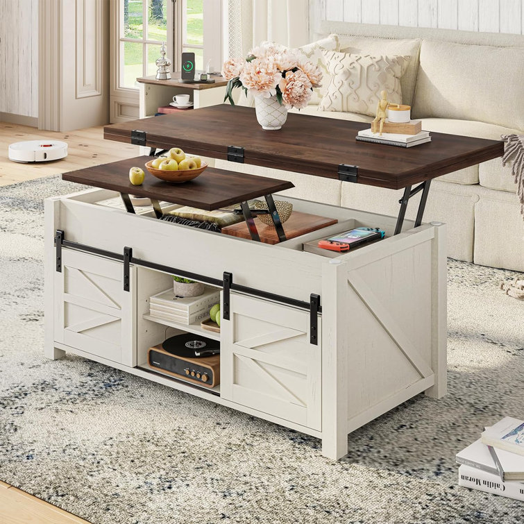 Brown and White Rectangular Lift-Top Coffee Table with Storage