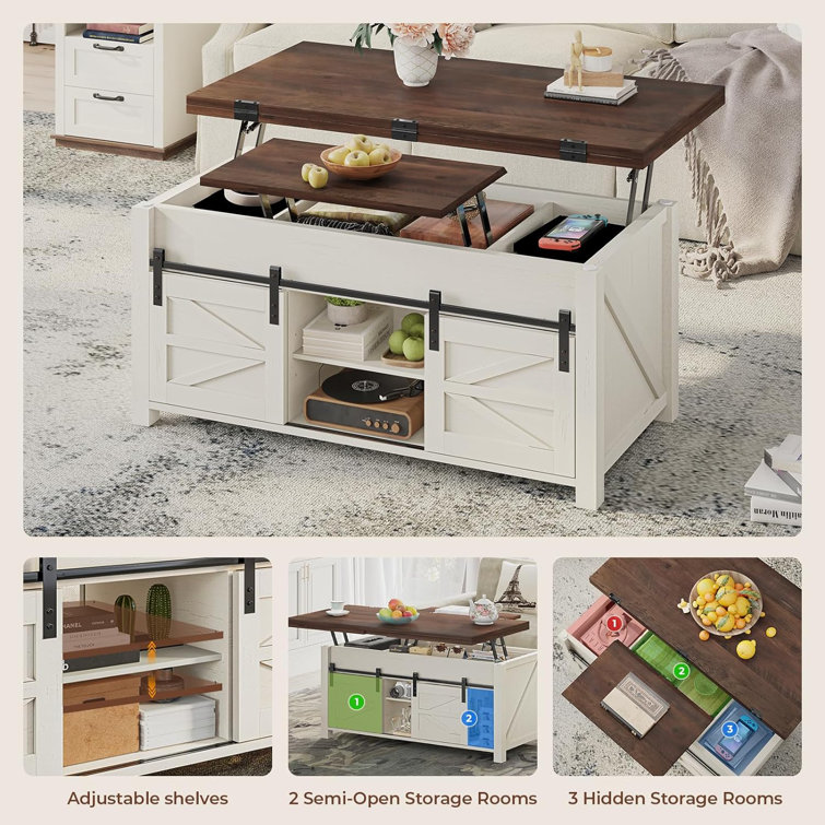 Brown and White Rectangular Lift-Top Coffee Table with Storage