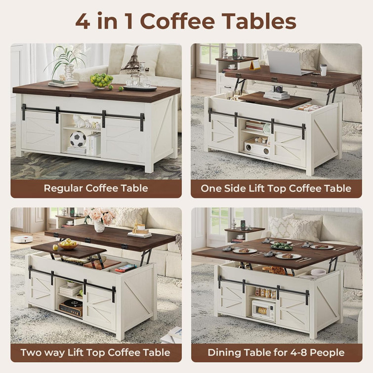 Brown and White Rectangular Lift-Top Coffee Table with Storage
