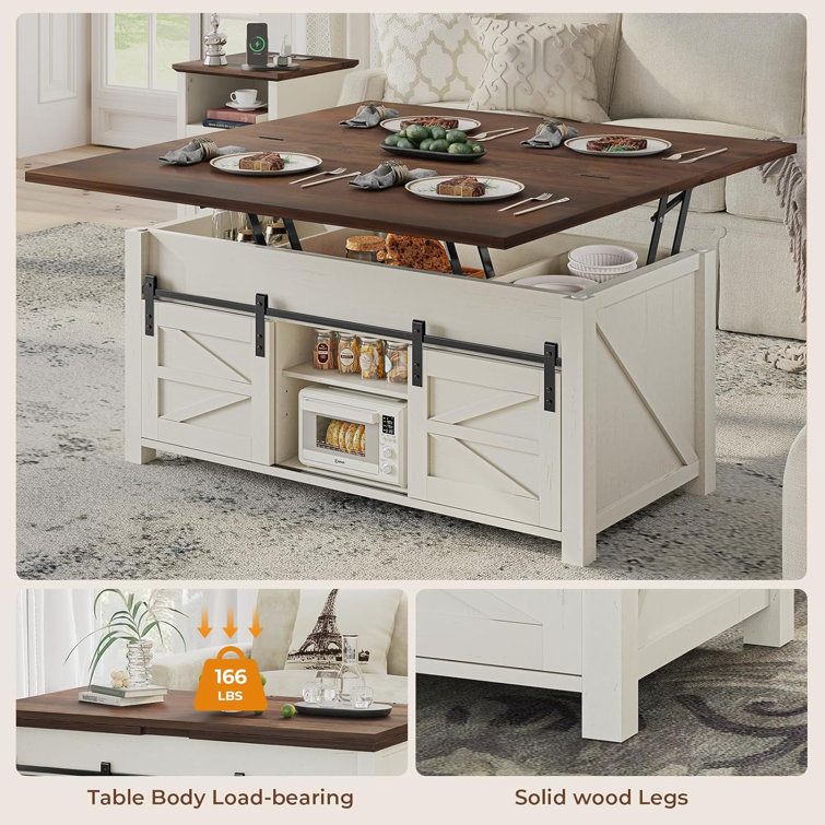 Brown and White Rectangular Lift-Top Coffee Table with Storage