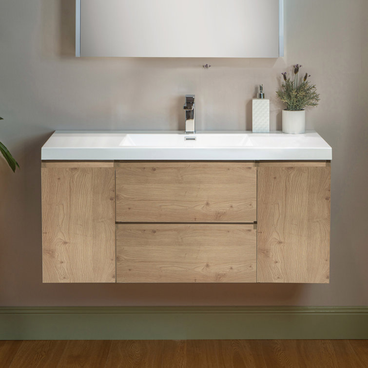 48" Natural Oak Wall Mounted Floating Vanity with White Resin Top
