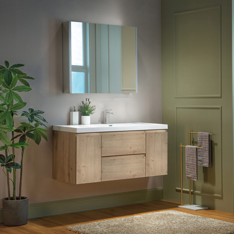 48" Natural Oak Wall Mounted Floating Vanity with White Resin Top