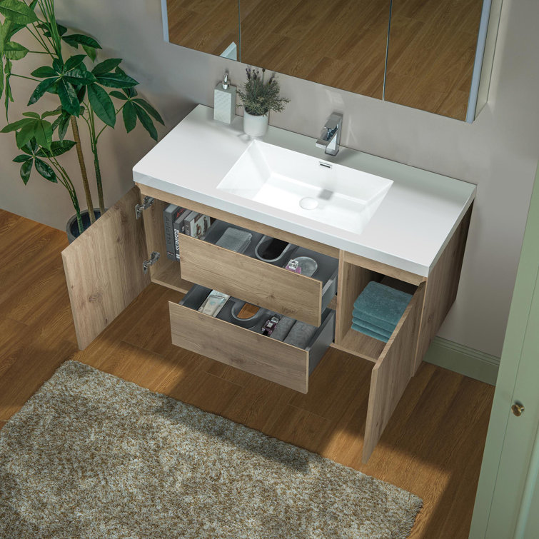 48" Natural Oak Wall Mounted Floating Vanity with White Resin Top