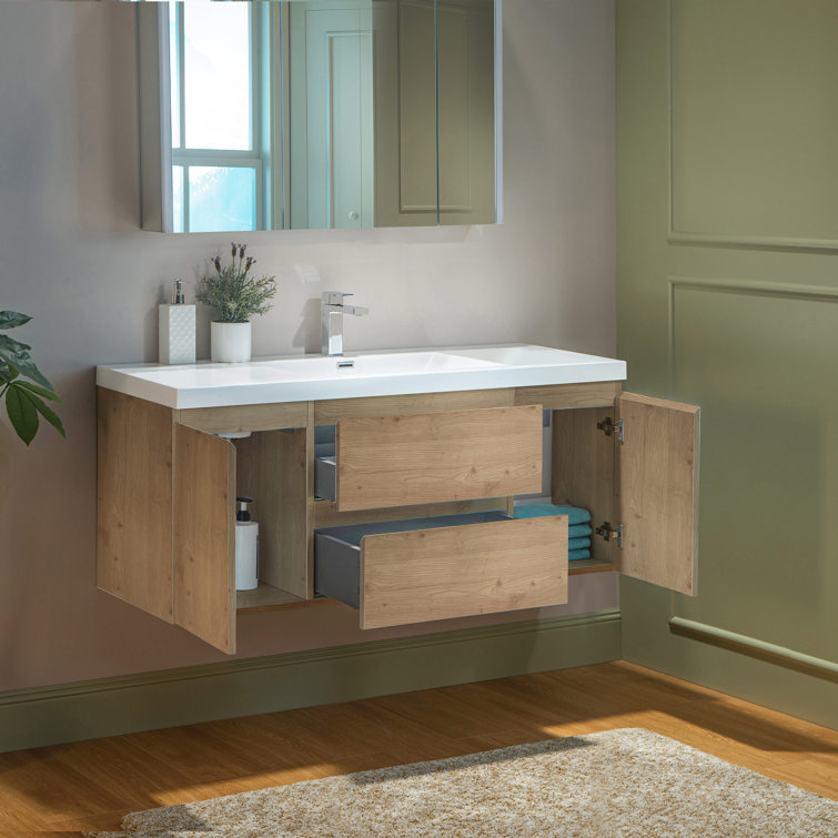 48" Natural Oak Wall Mounted Floating Vanity with White Resin Top