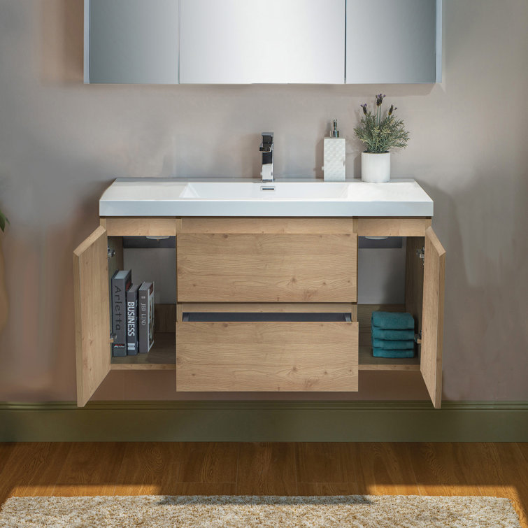 48" Natural Oak Wall Mounted Floating Vanity with White Resin Top