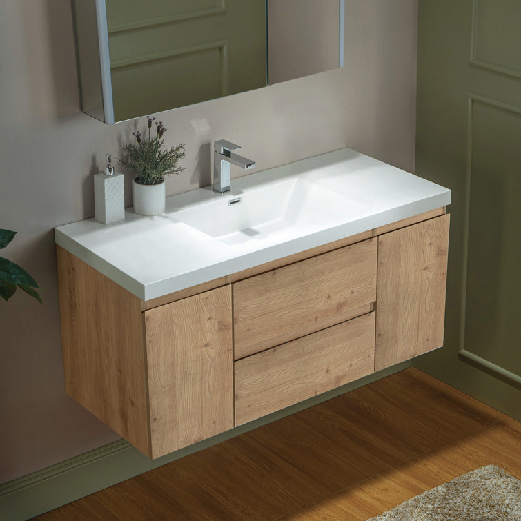 48" Natural Oak Wall Mounted Floating Vanity with White Resin Top