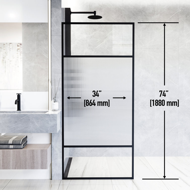 Essex Matte Black 34" x 74" Framed Fluted Glass Shower Screen