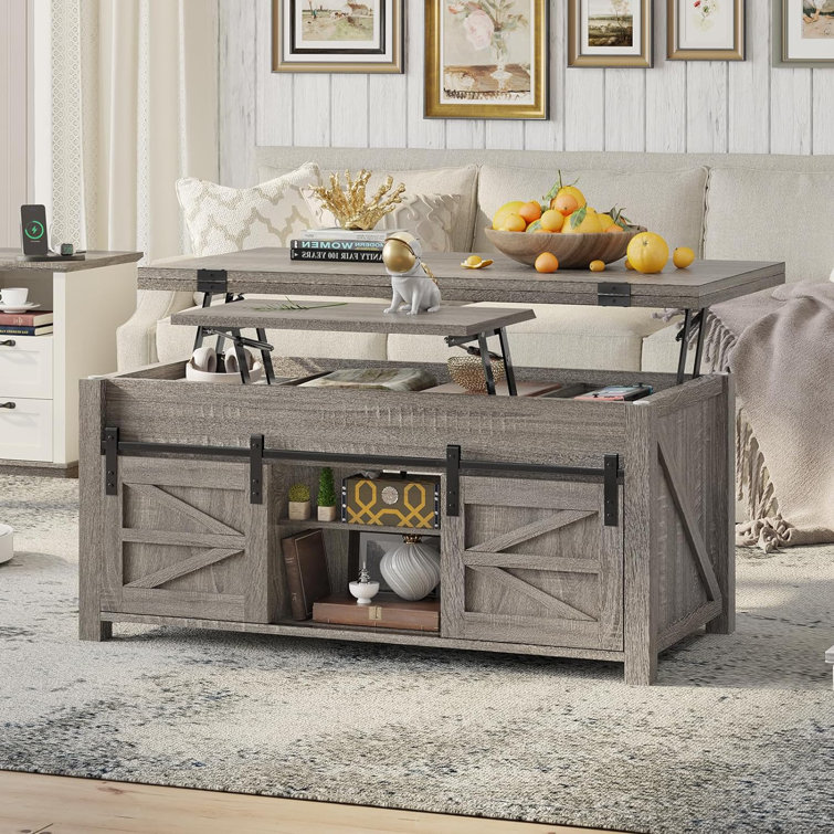 Walnut Rectangular Lift-Top Coffee Table with Sliding Barn Doors