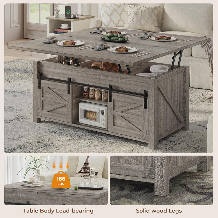 Walnut Rectangular Lift-Top Coffee Table with Sliding Barn Doors