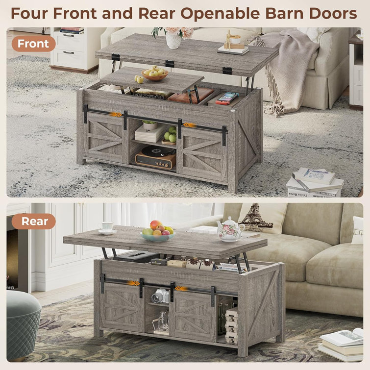 Walnut Rectangular Lift-Top Coffee Table with Sliding Barn Doors