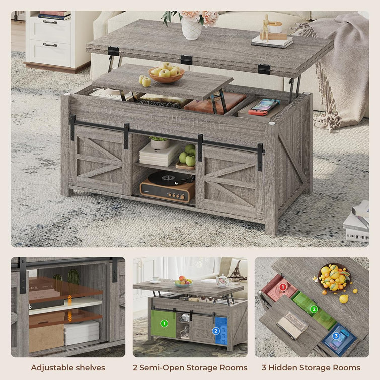 Walnut Rectangular Lift-Top Coffee Table with Sliding Barn Doors