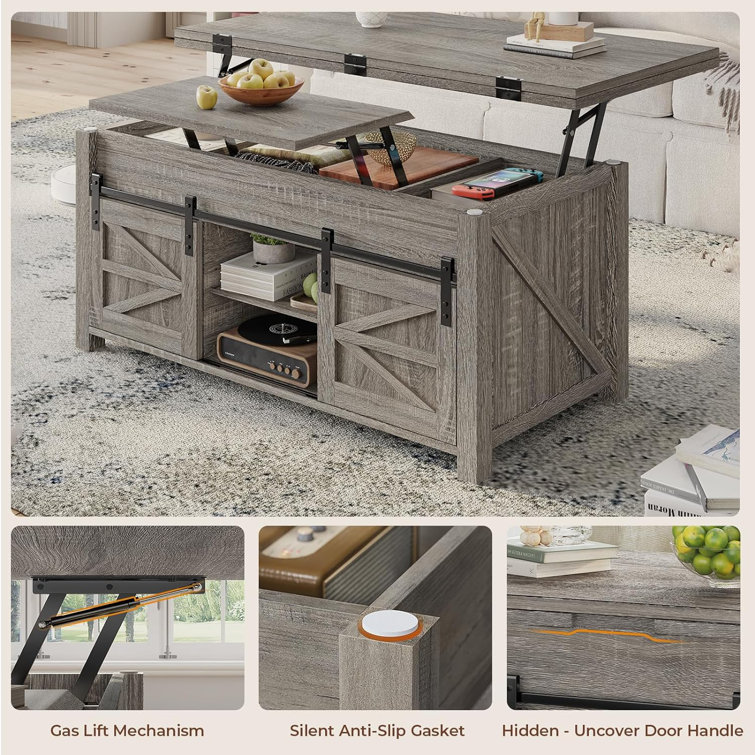 Walnut Rectangular Lift-Top Coffee Table with Sliding Barn Doors
