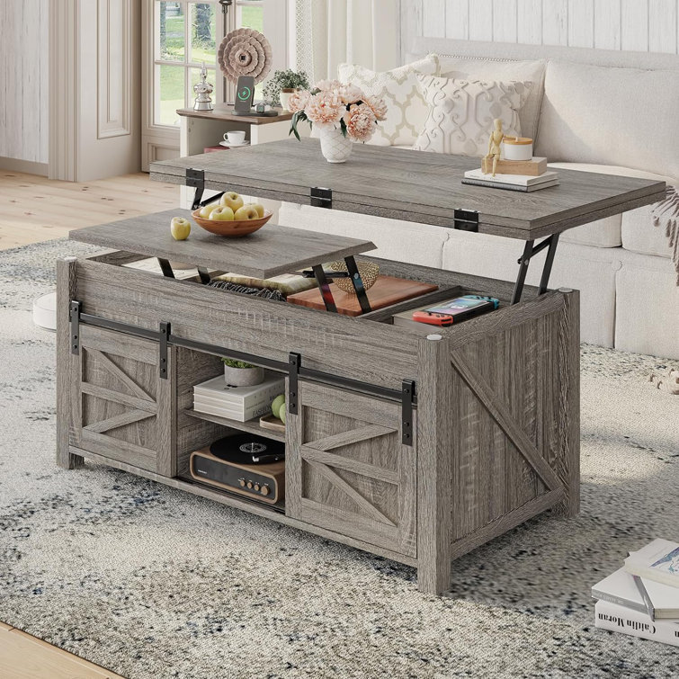 Walnut Rectangular Lift-Top Coffee Table with Sliding Barn Doors