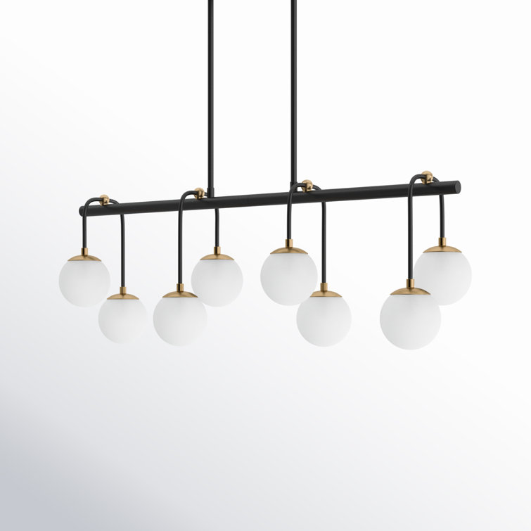 Matte Black and Brass 8-Light Linear Chandelier with Frosted Glass Shades