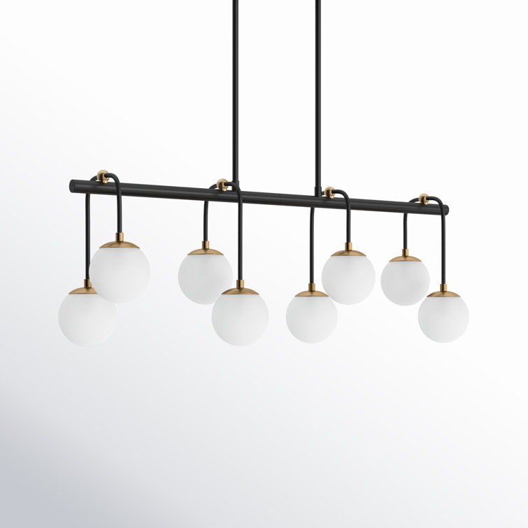 Matte Black and Brass 8-Light Linear Chandelier with Frosted Glass Shades