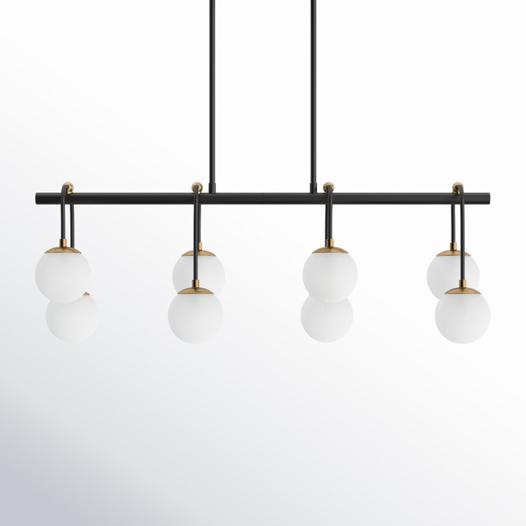 Matte Black and Brass 8-Light Linear Chandelier with Frosted Glass Shades