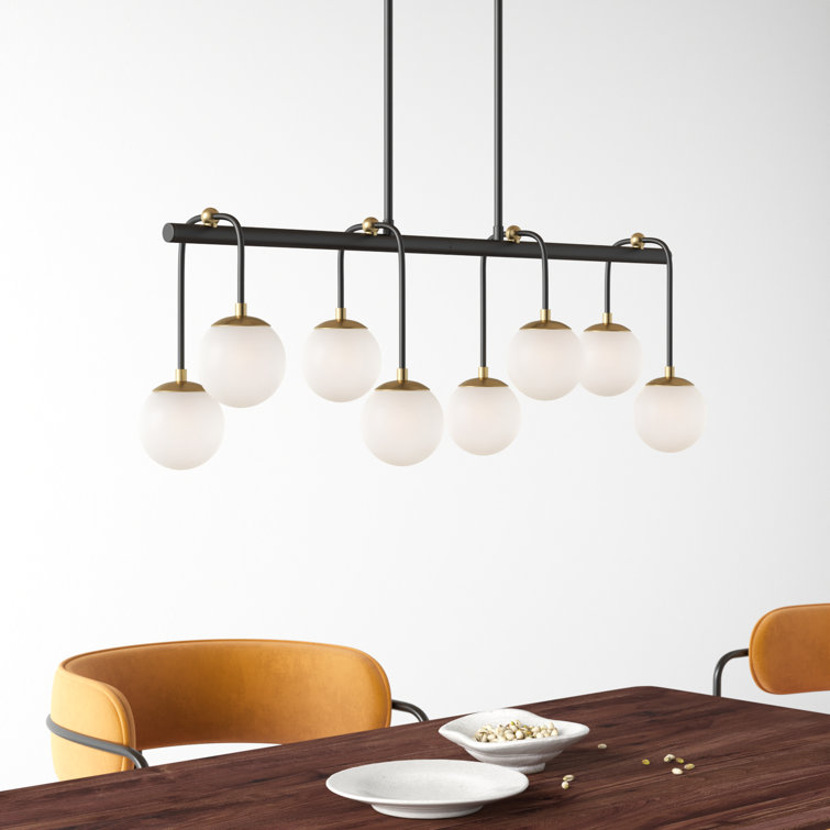 Matte Black and Brass 8-Light Linear Chandelier with Frosted Glass Shades