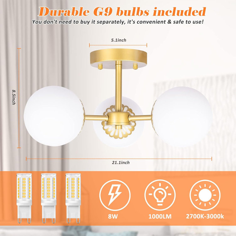 Mid-Century Modern Brass 3-Light Frosted Glass Chandelier