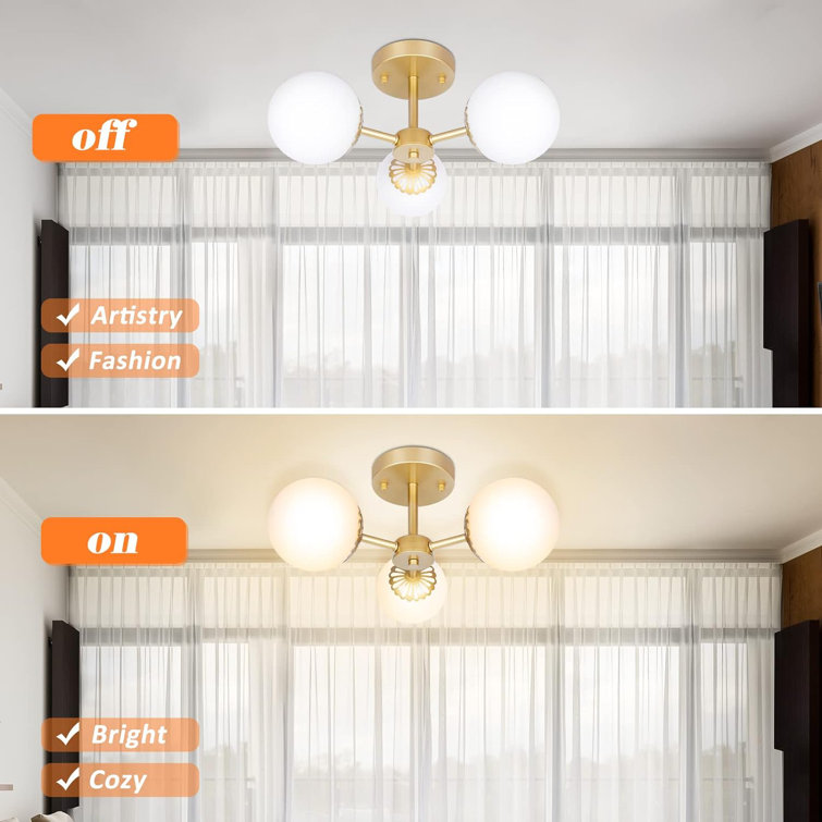 Mid-Century Modern Brass 3-Light Frosted Glass Chandelier