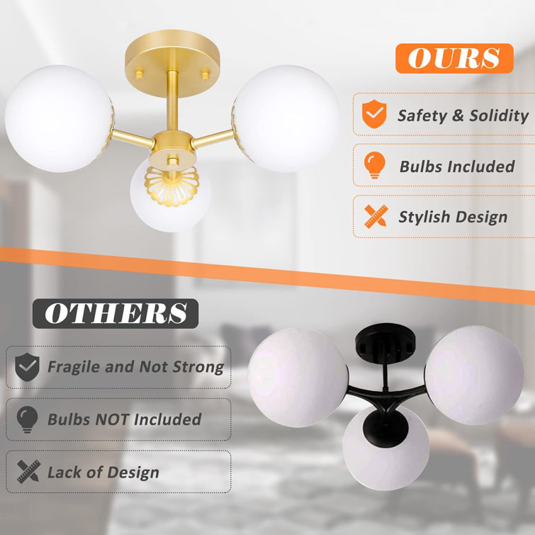 Mid-Century Modern Brass 3-Light Frosted Glass Chandelier